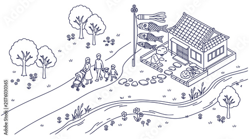 Quadro su tela Family walking near traditional japanese house with carp streamer in spring