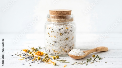 Clear glass jar of sea salt with dried lavender and chamomile flowers on rustic white wooden table with wooden spoon ideal for organic spa wellness treatments and natural cosmetic skincare home