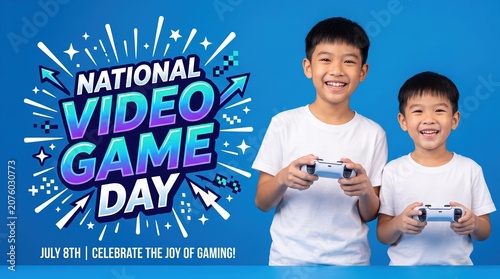 Two young asian boys wearing white t-shirts holding game controllers against a blue background with national game day text and celebrating the joy of gaming on july 8th
