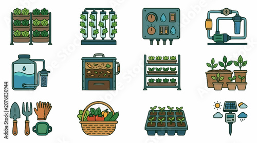 Fotografie Colorful Hydroponic Gardening Equipment and Tools Illustration.