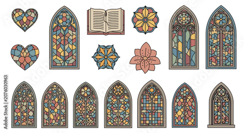 Set of colorful stained glass window designs including gothic arches, heart shapes, and floral patterns for architectural illustration.