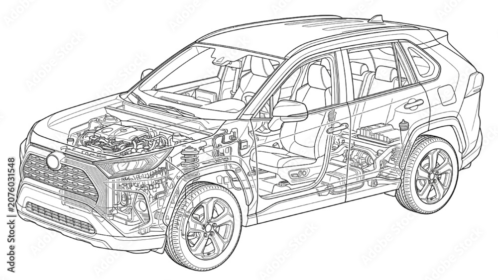 Fototapeta premium Technical Vehicle Cutaway Engineering Blueprint Modern Transport System Detailed Line Art Vector Illustration