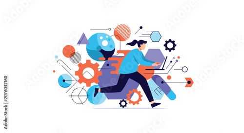 Dynamic illustration of a woman running and working on a laptop surrounded by colorful abstract shapes and mechanical gears.