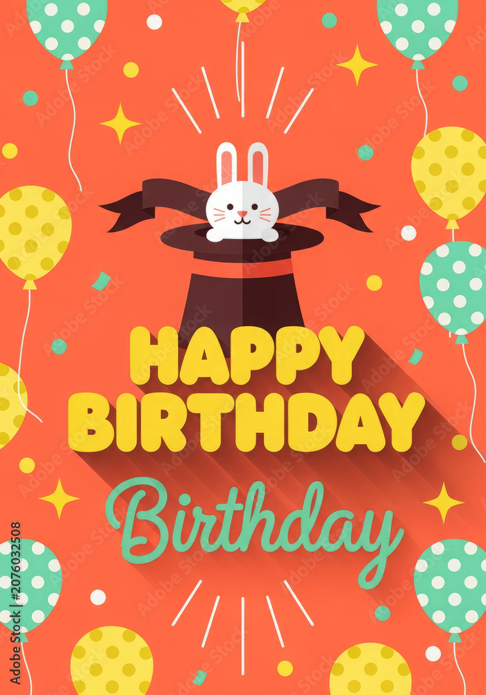 Fototapeta premium Happy Birthday Celebration with Magic Rabbit and Balloons