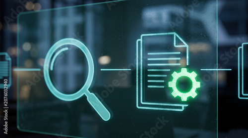 Futuristic digital interface showing magnifying glass and document settings icons in modern corporate office.