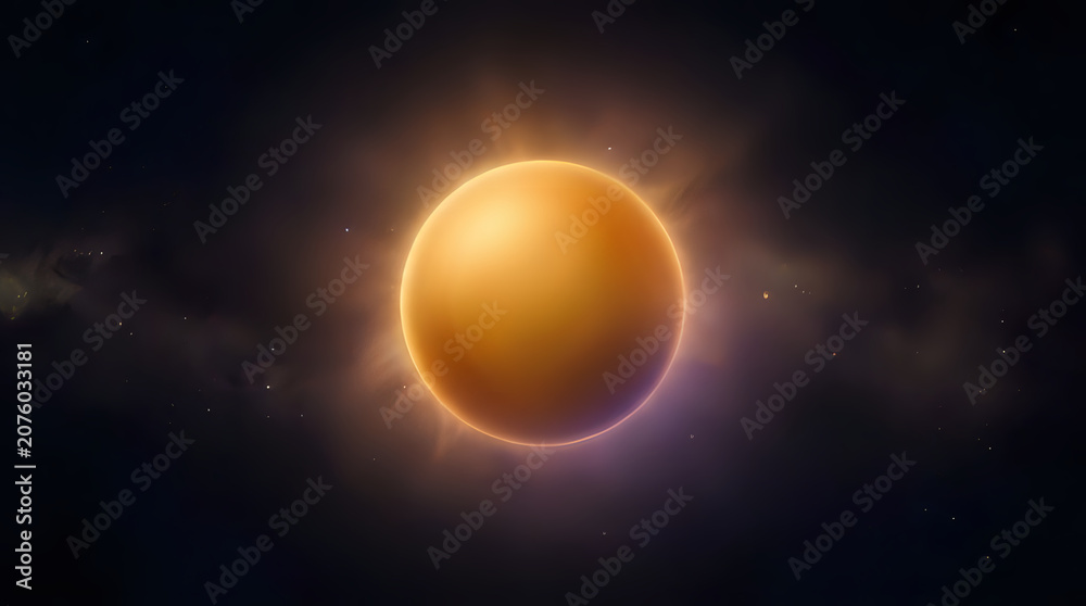 Obraz premium Glowing golden planet in deep space nebula with universe astronomy exploration celestial