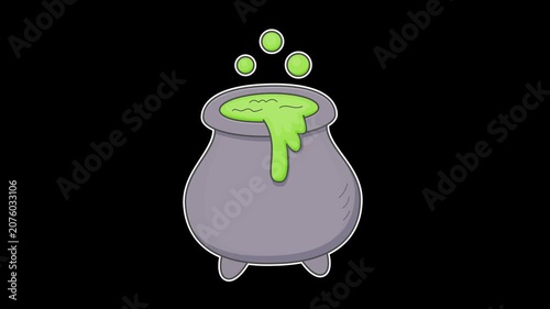 Seamless looping animation of a swaying witch cauldron with green potion for Halloween concepts. Flat style sticker design element isolated on transparent alpha channel background
