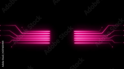 Neon circuit board lines glowing on black background technology concept.