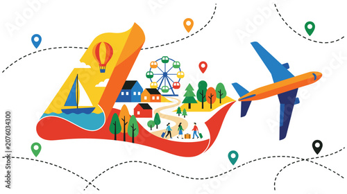 Canvas Print Travel concept flat illustration featuring vacation elements and airplanes