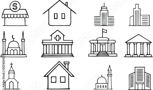 Minimal Building and Architecture Line Icons Set, House, Store, Hospital, Mosque, Church, Bank, Government and Office Buildings Outline Vector Collection