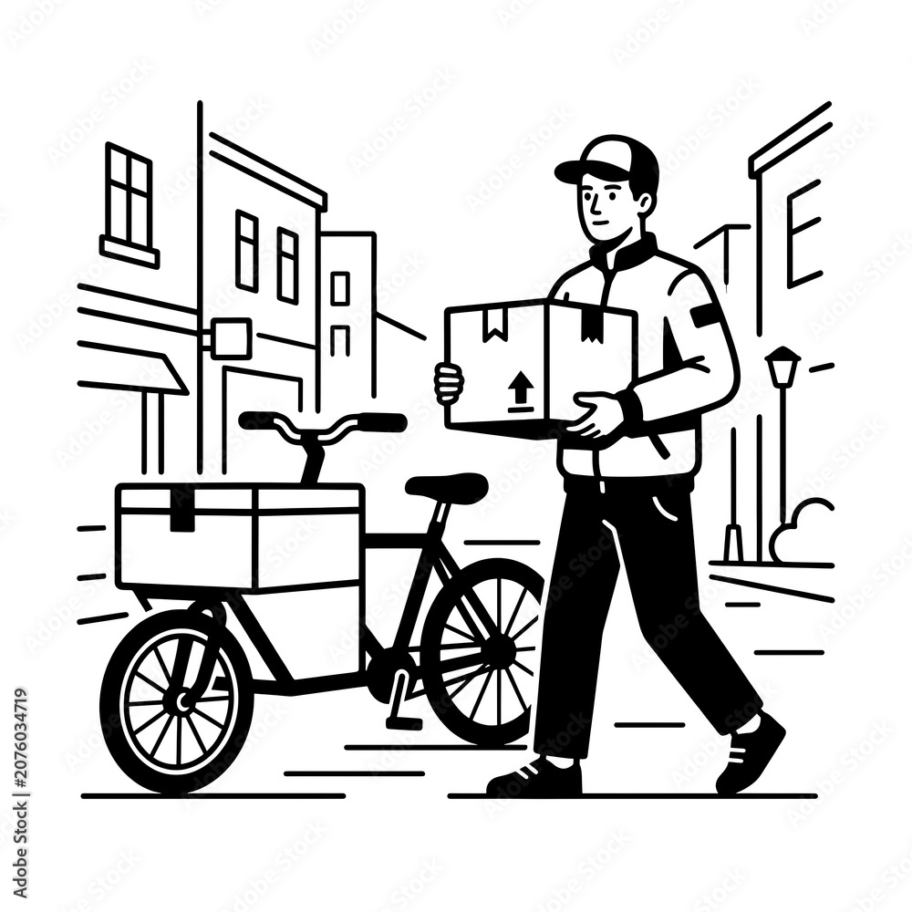 Fototapeta premium Delivery man walking with package and bicycle on city street with buildings, vector, illustration, silhouette, people, person, concept, business concept, black and white, line art, minimal