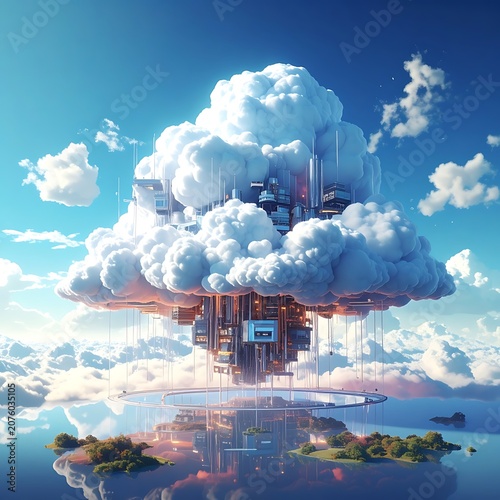A futuristic city floats on a cloud above serene waters and scattered islands