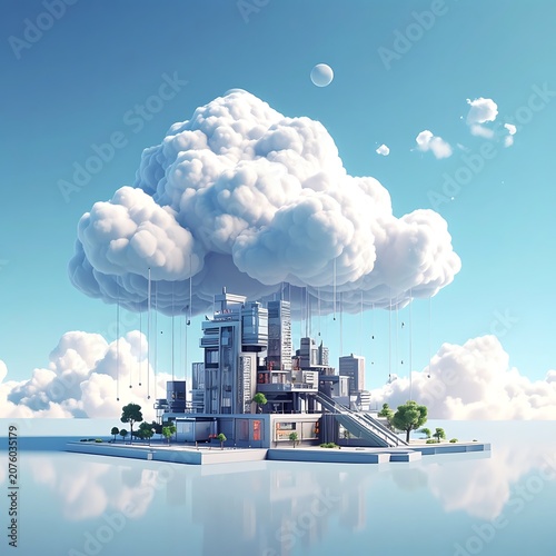 A futuristic city floats on water under a large fluffy cloud