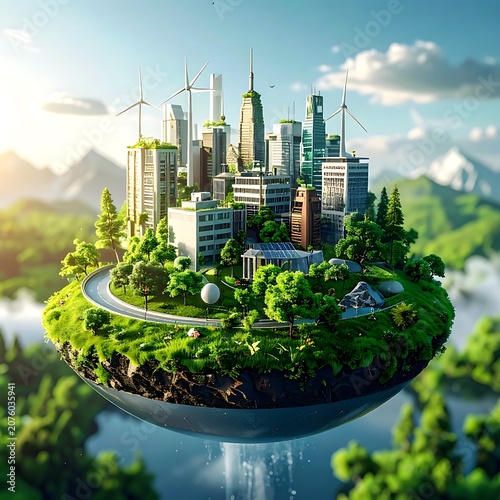 A futuristic city on a floating island with lush greenery and skyscrapers