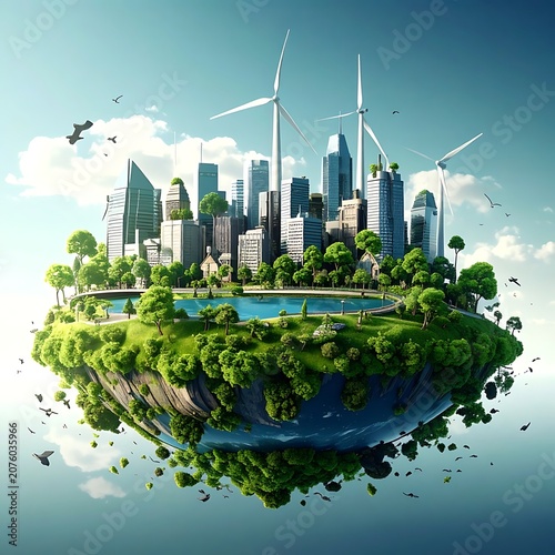 A futuristic city on a floating island with lush greenery and wind turbines