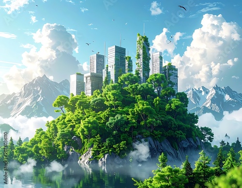 A futuristic city on a lush green island amidst mountains