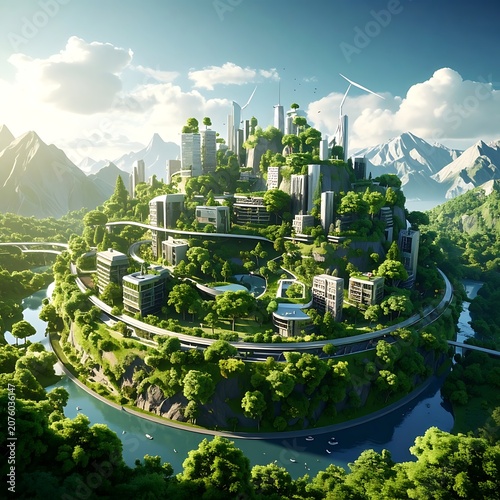 A futuristic city on a lush green hillside with a winding river