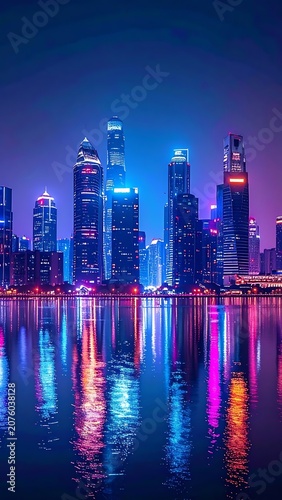 A futuristic city skyline at dusk with vibrant neon lights reflecting on water (1)