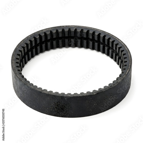 Matte Drive Belt On White Background, Durable Industrial Rubber Component Showing Clean Texture And Simple Curved Shape Ideal For Mechanical Systems