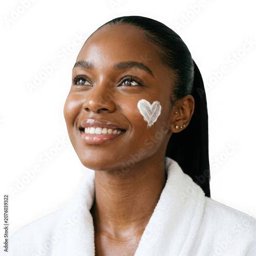 Beautiful Black Woman Applying Heart Shaped Skincare Product.