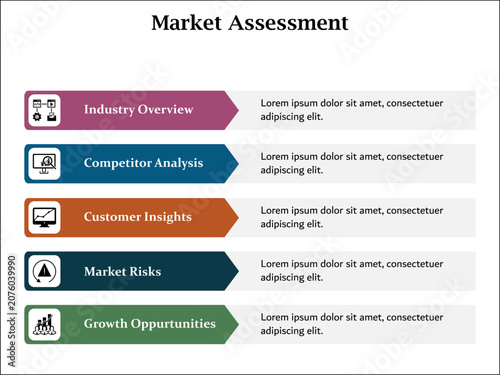 Five aspects of market assessment. Infographic template with icons and description placeholder