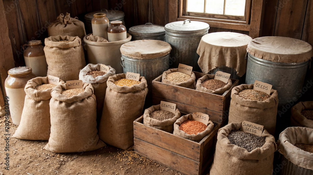 Fototapeta premium Organic Grains And Seeds Bulging Forceful Within Large Storage Bags And Containers Ready For Harvest
