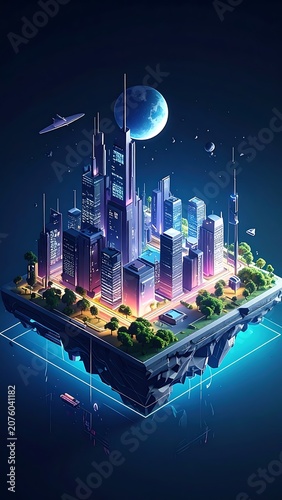 A futuristic cityscape on a floating island with a planet