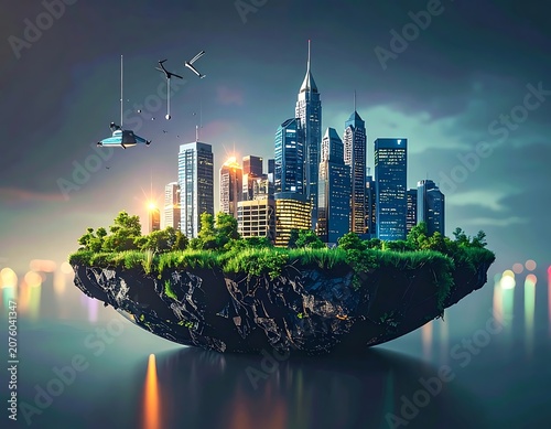 A futuristic cityscape on a floating island with lush greenery