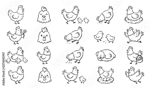 Cute hand drawn hen doodle set with playful farm chicken outline vector illustrations