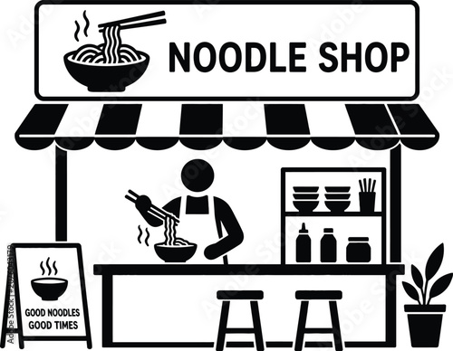 Noodle Shop Storefront Illustration, Asian Restaurant and Street Food Business Concept
