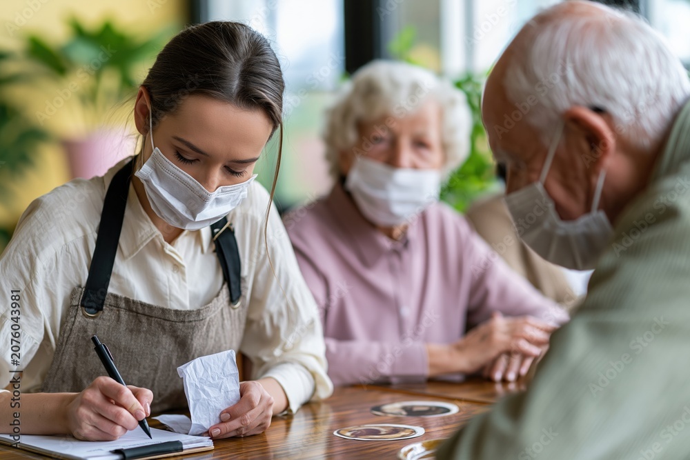 Fototapeta premium Attentive waitress wearing a face mask while taking an order in a cafe, serving a senior couple for hospitality and safety-conscious service imagery