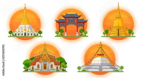 A vibrant collection of diverse Asian architectural landmarks, featuring traditional temples, stupas, and gates, set against radiant sun backgrounds in a charming cartoon style illustration