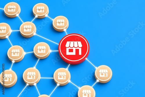 Network of interconnected ecommerce icons on vibrant blue background