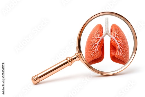 Bronze magnifying glass focusing on 3d rendered human lungs for medical study
