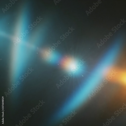 Abstract beams of blue orange and white light streaks on dark background creating ethereal cosmic motion and depth effect