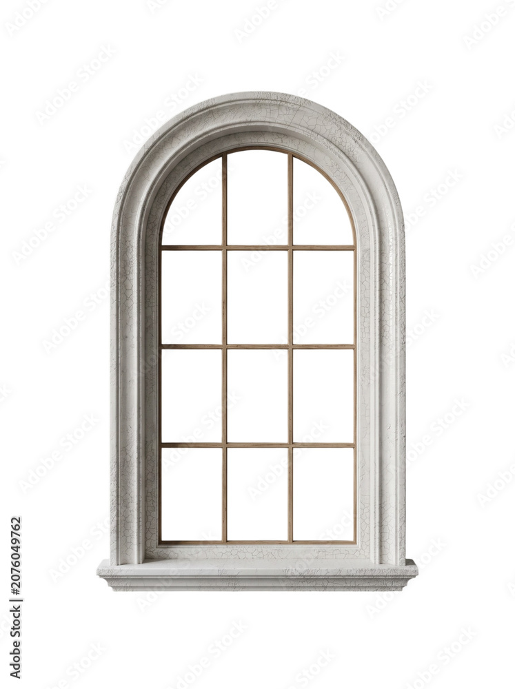 Fototapeta premium Vintage white arched window frame with cracked paint texture