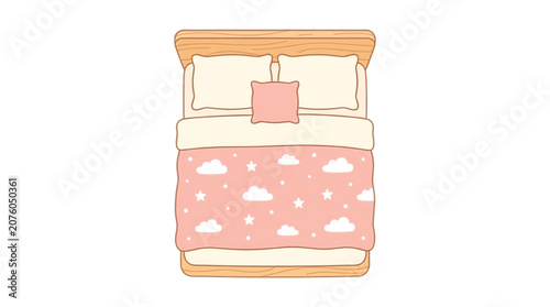 Foto Cozy double bed vector illustration, wooden bed frame with pink cloud pattern bl