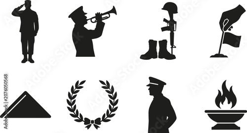 фотографія Military Memorial Day and Veterans Honor Silhouette Icon Set for Remembrance and