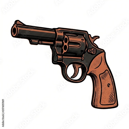 Vintage halftone gun clipart of a long barrel revolver with dark steel frame, warm brown wooden grip, bold black contour, engraved dot shading, side profile, and clean white isolated background