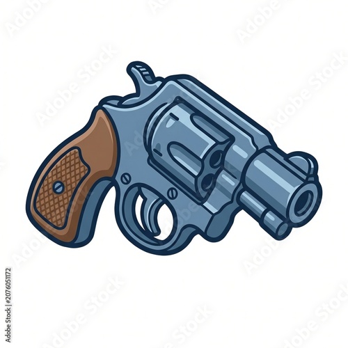 Compact snub nose revolver rendered as polished blue gun clipart with rounded cartoon proportions, brown textured grip, glossy highlights, bold navy outline, three quarter angle, and white background