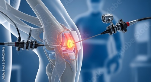 Arthroscopic knee surgery and orthopedic procedure. Minimally invasive joint repair and recovery. Medical instruments performing a surgical operation on a glowing damaged knee joint