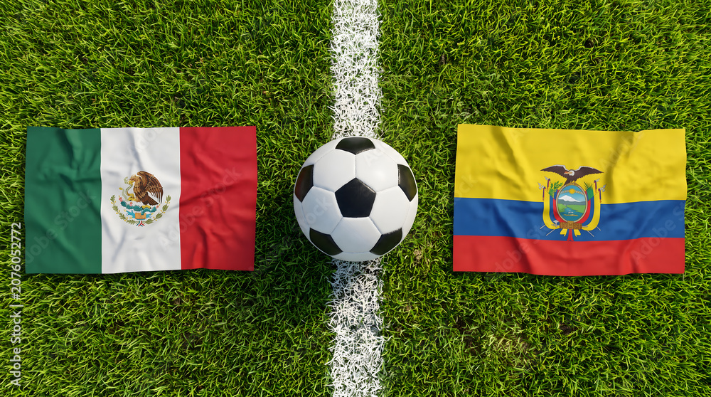Obraz premium Flat Lay of Mexico and Ecuador Flags with Foot Ball on White Pitch Line