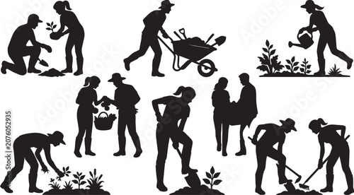 Gardening, people silhouettes, gardeners working, landscaping icons, black vector illustrations