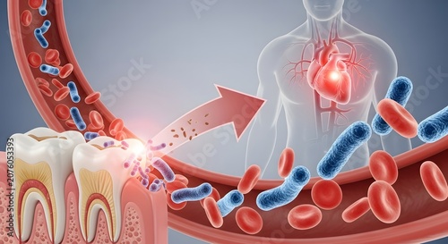 Periodontal disease and systemic health connection. Oral hygiene and cardiovascular risks. Bacteria moving from infected teeth into bloodstream affecting human heart anatomy medical concept