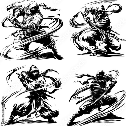 Photos Dynamic Japanese ninja warriors silhouettes set, minimalist black and white ink style assassin action vectors with katana swords