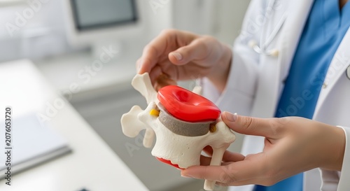 Spinal disc herniation and medical diagnosis. Orthopedic healthcare and back pain treatment. A doctor holding a model of a spine showing a red herniated disc