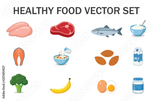 Healthy food flat vector icon set featuring meat, fish, dairy, eggs, fruits, vegetables, nuts, and cereal isolated on transparent background. Perfect for nutrition, diet, wellness, menu
