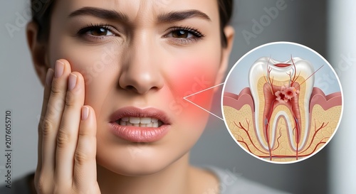 Dental inflammation and toothache pain diagnosis. Oral health professional assessment. Woman feeling tooth pain with an inset 3D anatomical diagram of an infected molar