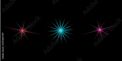 Diverse red blue and pink star light flare effects isolated on black background to add luminous radiant glow to digital graphics.