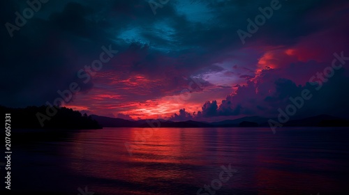 Dramatic panoramic sunrise and sunset sky with colorful clouds horizon